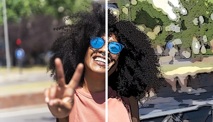 תמונה מפוצלת של אישה מחייכת, המציגה חצי תמונה רגילה וחצי תמונה מצוירת