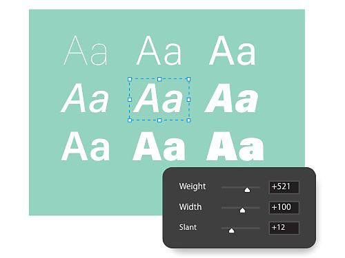 דוגמה לשימוש בתכונה Custom Font (גופן מותאם אישית). כאן מוצגות אפשרויות להתאמה אישית של ההדגשה, הרוחב והנטייה של התווים.