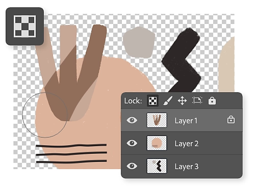 הסמל של Lock Transparent Pixels (נעילת פיקסלים שקופים) מוצב על-גבי איור מופשט של צורות צבעוניות