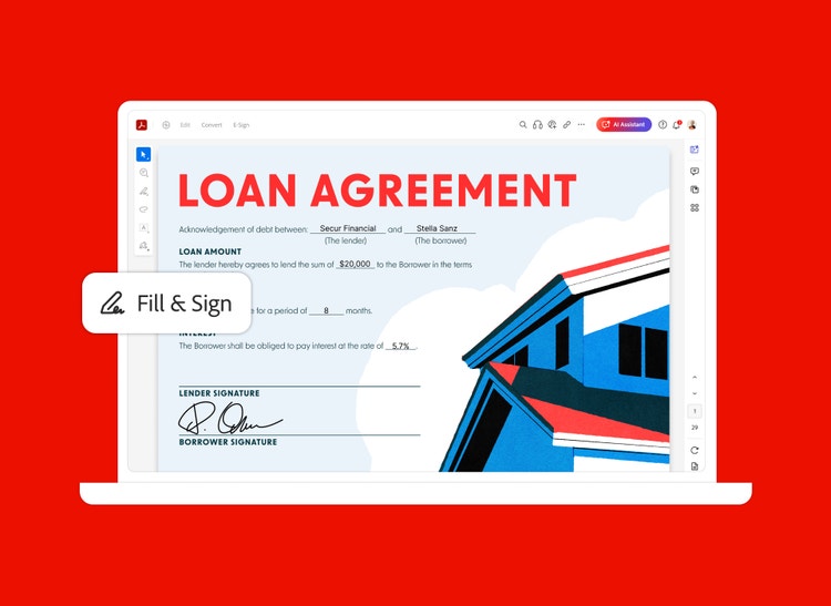 Laptop showing a fillable PDF loan agreement with fill and sign options in Adobe Acrobat
