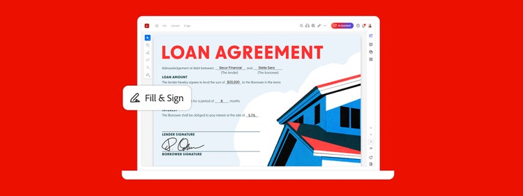 Laptop showing a fillable PDF loan agreement with fill and sign options in Adobe Acrobat