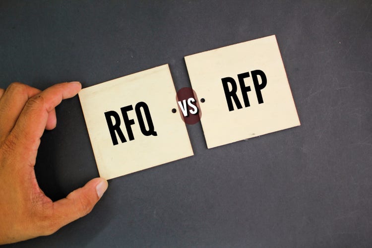 Hand holding cards labelled 'RFQ' and 'RFP' with 'vs' in between, comparing the two procurement processes.