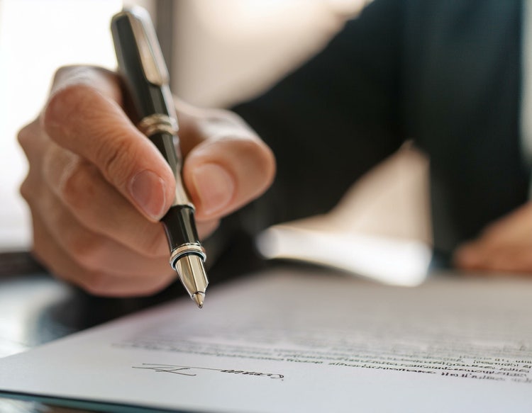 Authorisation letter being signed by a professional man in a black jacket.