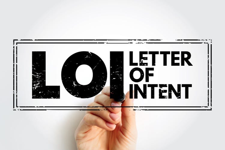 LOI Letter of Intent - document declaring the preliminary commitment of one party to do business with another.