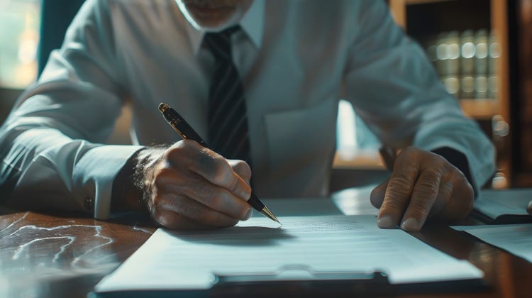 A businessman uses a pen to sign a document.