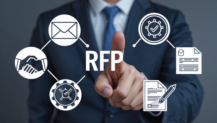 Business professional pointing at the term 'RFP' (Request for Proposal), surrounded by icons representing communication, agreement, process, and documentation.