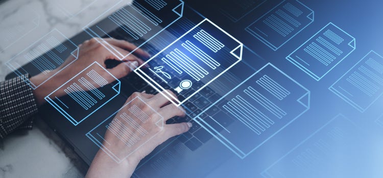 A woman types on a laptop with glowing electronic document files and a digital signature.