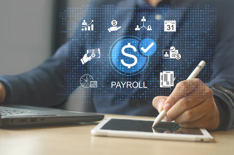 Digital payroll concept with icons on screen, showing employee salary slip format and pay slip details. Illustration of how to make salary slip in Excel and convert to salary slip PDF, with relevance to standard salary slip format in India.