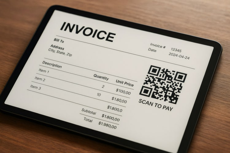 Tablet showing a digital invoice with QR code for payment.