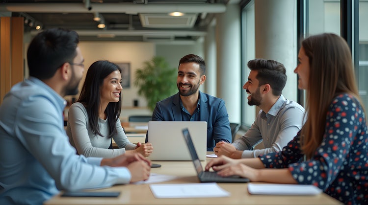 Business team in a group meeting representing modern teamwork, digital collaboration, and efficient document workflows.