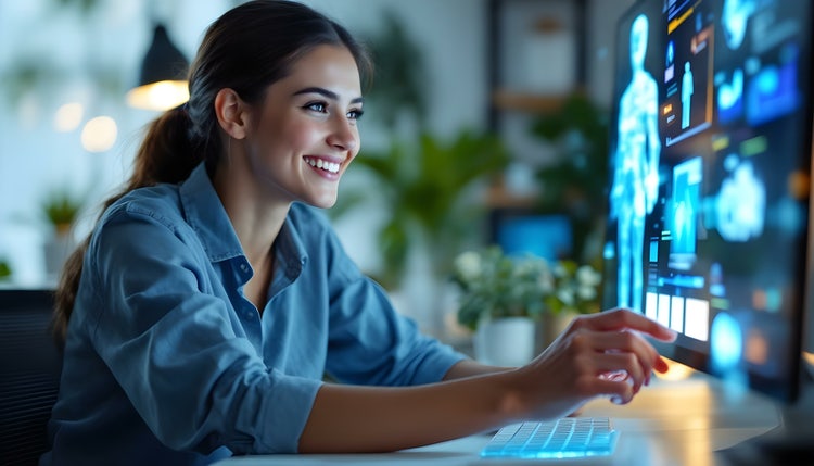 A professional woman sits smiling in front of a screen, viewing blue and white digital graphics on her computer.