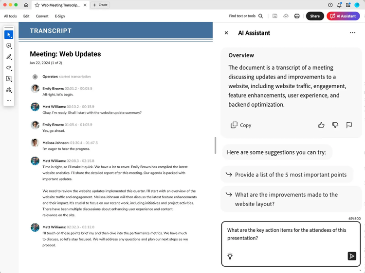 A screenshot showing how to use AI Assistant feature with prompts in Adobe Acrobat.
