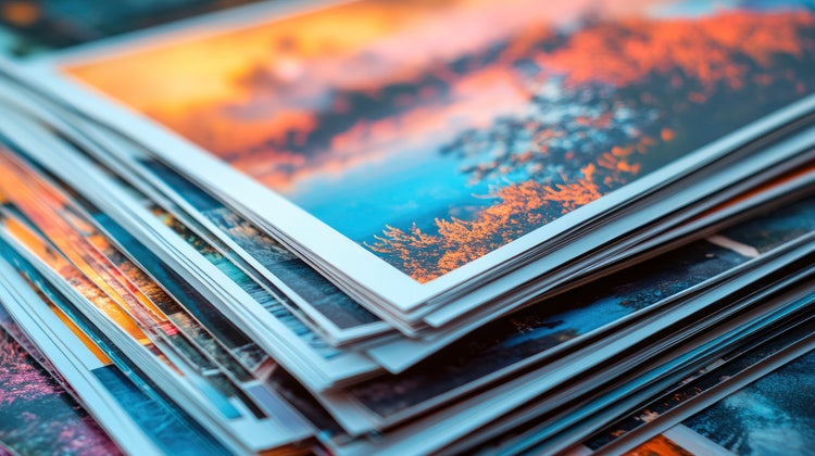 • A stack of printed high-quality photographs.