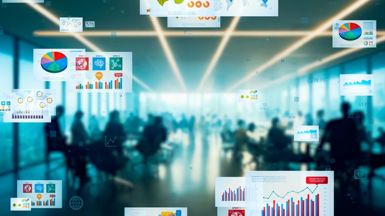 A team collaborating in an office setting with a focus on digital document management as document images travel in the air to the foreground.