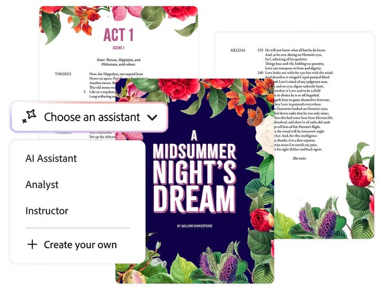 Choose an assistant menu in Adobe Acrobat showing different options: AI Assistant, Instructor, Analyst, and Create your own.