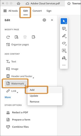 Selecting Edit PDF tool to add watermark