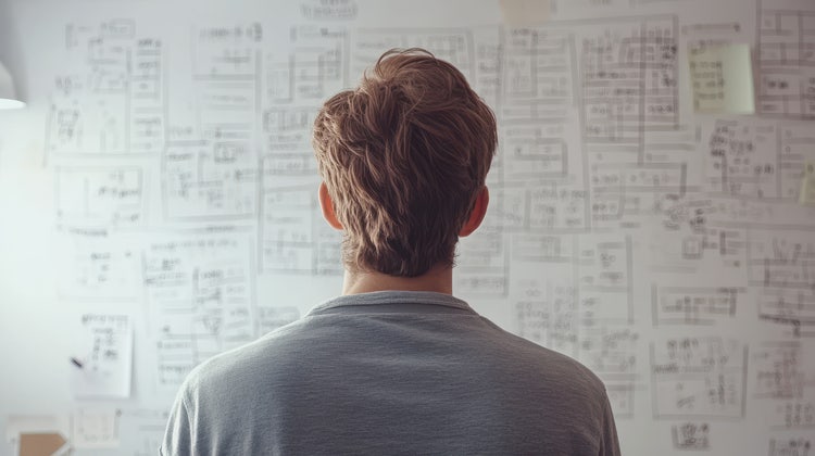 A person facing a wall covered with charts and notes, analysing complex ideas.