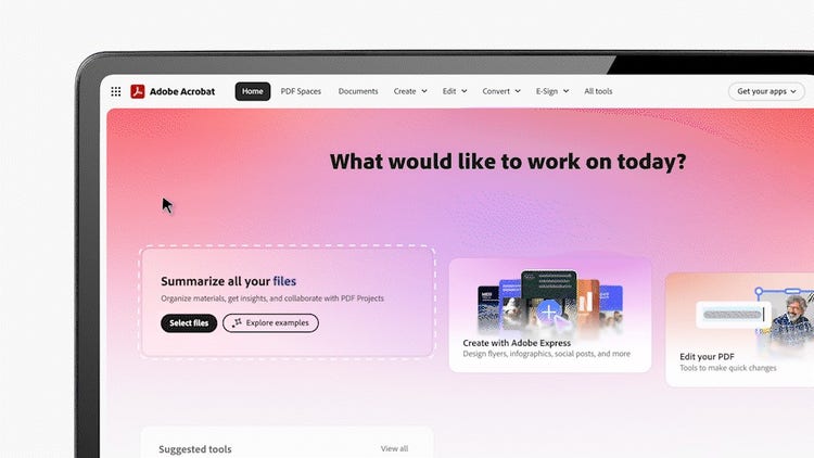 Screenshot of the Adobe Acrobat homepage interface highlighting the “summarize all your files” function with AI.