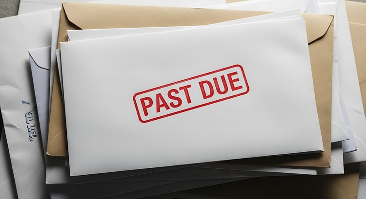A stack of envelopes with the one on top stamped with a red ink “past due” seal to signify overdue payments.