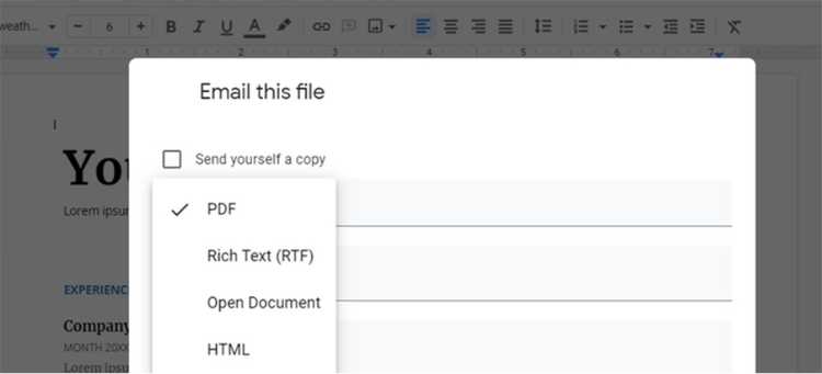 Screenshot of how to email a Google Doc in PDF format by selecting "PDF".