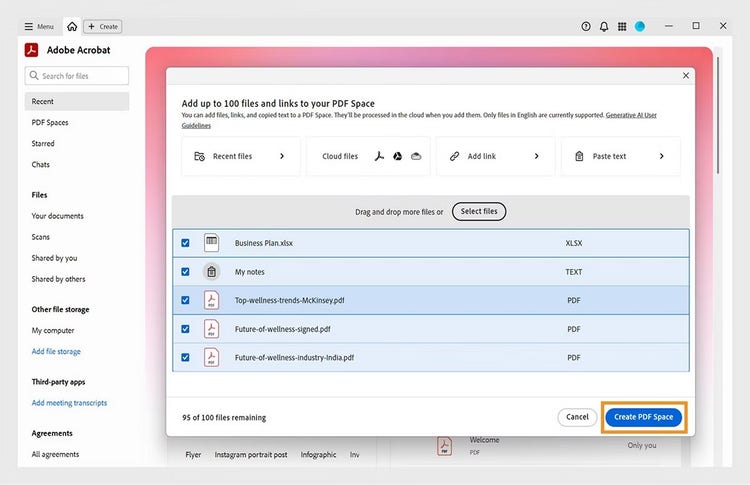 Screenshot of adding files to PDF Space to generate a meeting agenda.