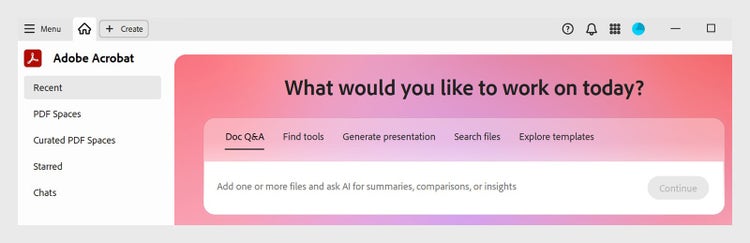 Adobe Acrobat interface with AI-powered document Q&A and tools for file summaries and insights