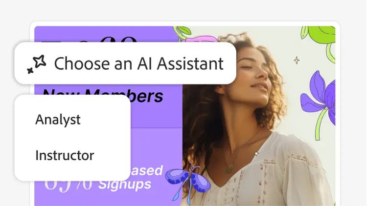 AI assistant selection menu with options for analyst and instructor over colorful background