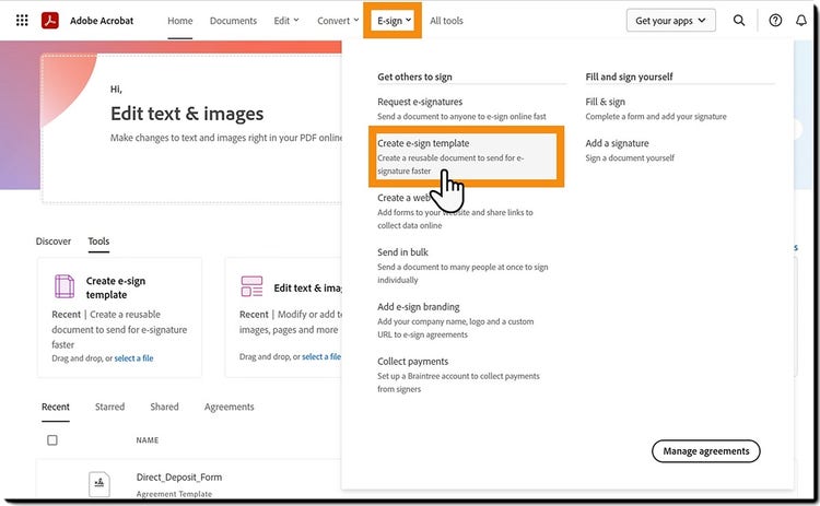 Screenshot of how you can create a e-sign template with Adobe Acrobat.