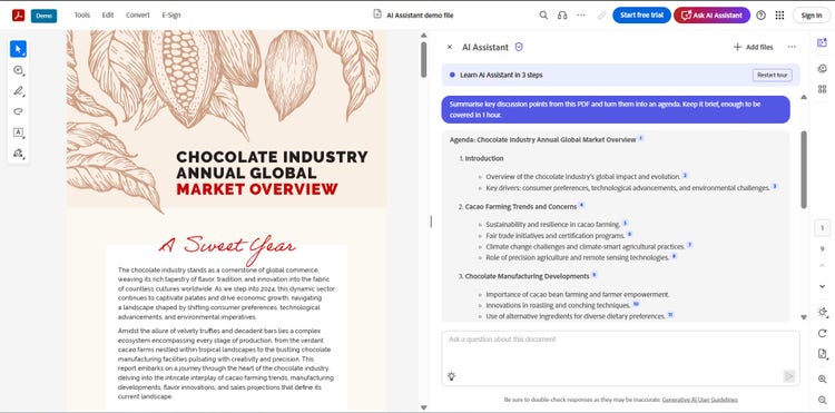 Screenshot of using Acrobat AI Assistant to create a meeting agenda.