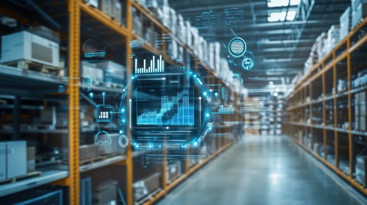 A digital projection of holographic data displayed within a warehouse environment.