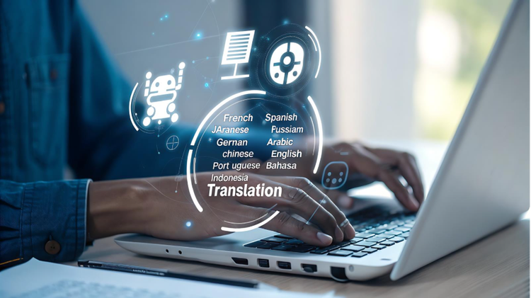 Hands typing on a laptop with digital icons for language translation, showing options like French, Spanish, and Chinese. Concept of using a PDF translator tool to translate PDF to English or other languages, highlighting PDF translate and translate PDF to English features.