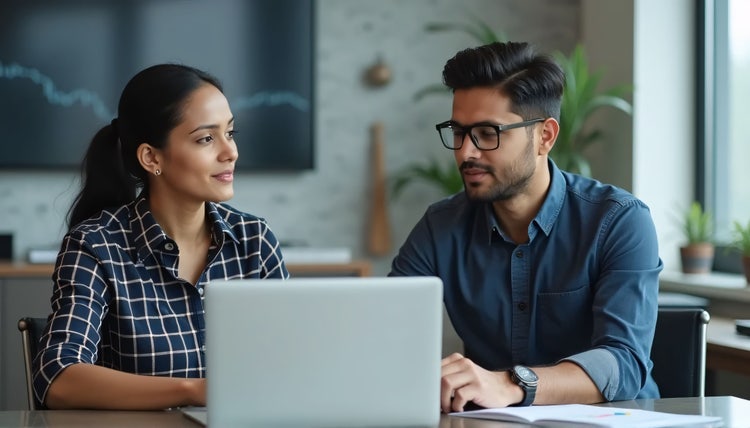 A male and female collaborate in front of an open laptop in a modern office setting.