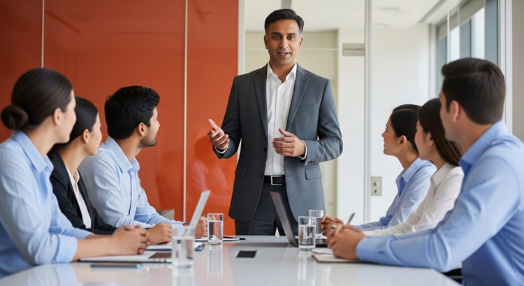 A businessman leading a corporate team meeting comprised of diverse people.
