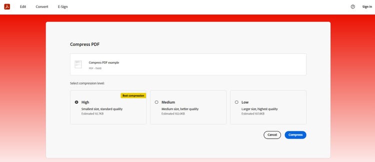 choose the compression level to compress the PDF