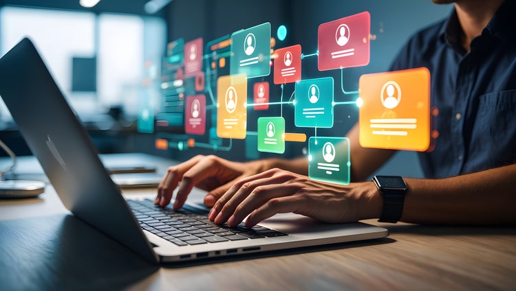 A young man on his computer, using a team collaboration software to stay updated with tasks and messages.