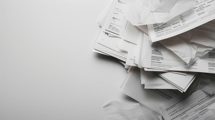 A messy pile of documents printed in black and white.