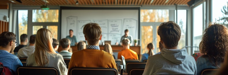 Students attentively listening to a presentation in a classroom setting.