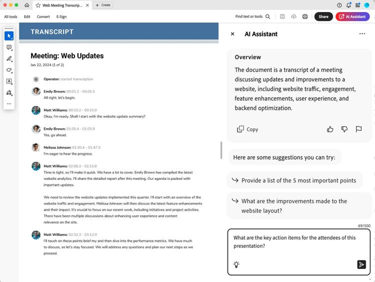 A screenshot of using Acrobat AI Assistant to ask questions.