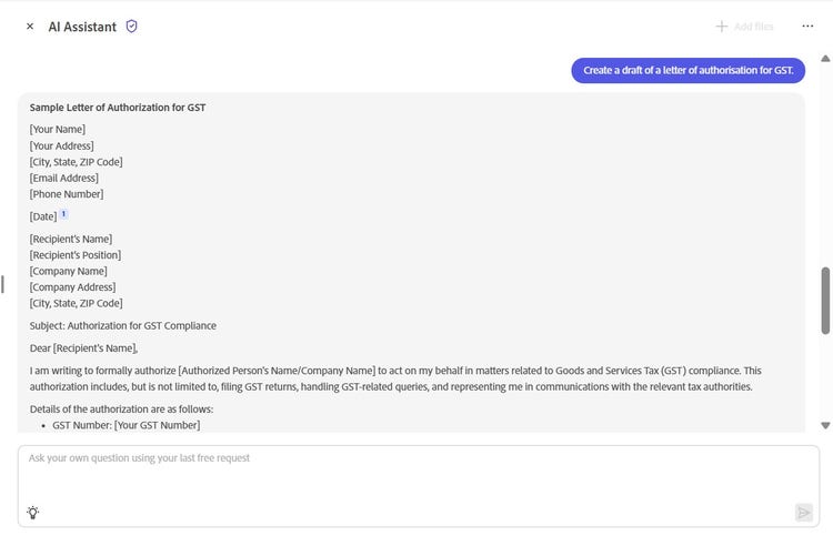 An example of an authorisation letter drafted by Adobe’s AI Assistant.