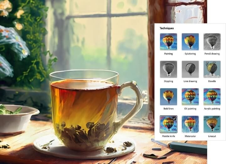 AI generated black tea image showing different editing and design variations.