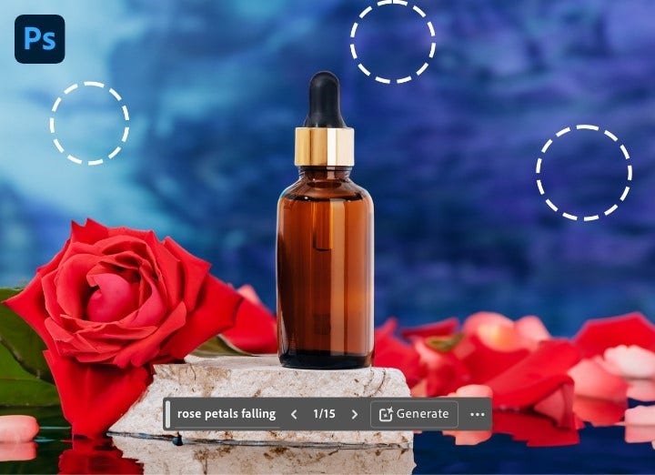 Bottle and flower against AI-generated background for product photography rose falling rose petals and blue lighting in Photoshop