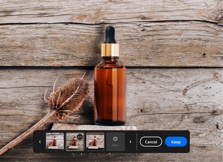 Bottle and flower on wooden background and selection toolbar showing 3 AI-generated background options for product photos