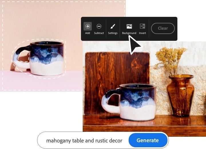 Before and after of mug on mahogany table with AI-generated background for product photography using Generative Fill