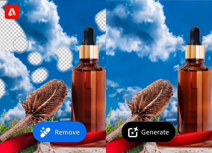 Product shot of bottle nestled in AI-generated background of grassy meadow and cloudy sky with Remove feature selected