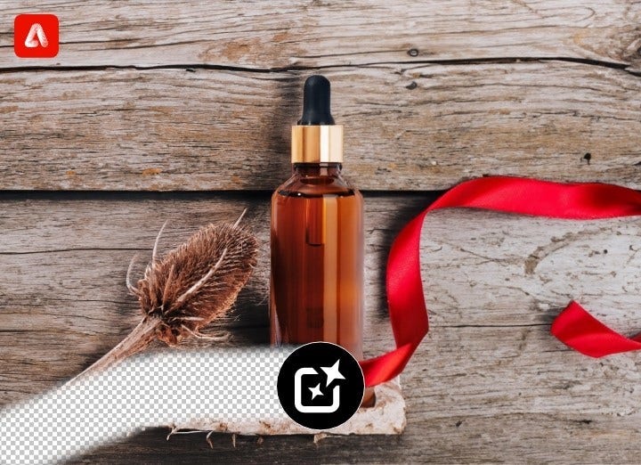 Bottle and flower on AI-generated product background with wood, red ribbon and Insert button