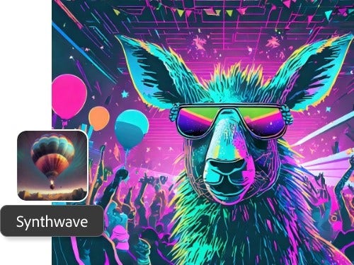 Synthwave art style ai image of a dog generated using Adobe Firefly