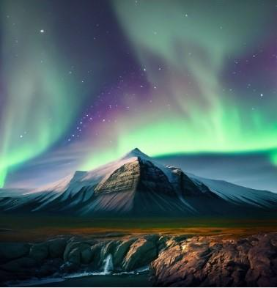 Tallest mountain in the world at night with the northern lights.