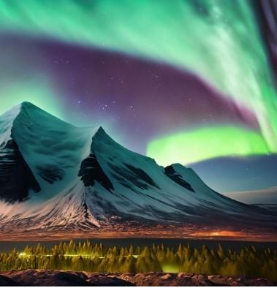 Tallest mountain in the world at night with the northern lights.