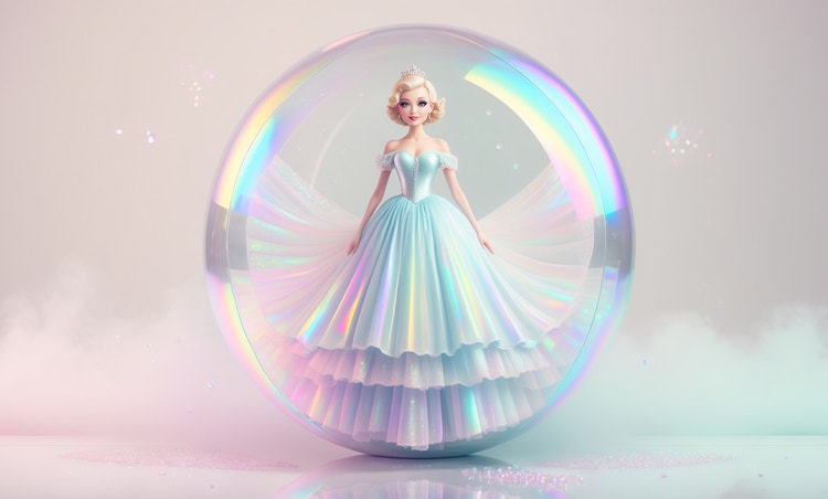An AI-generated image of a blonde doll-like princess in an iridescent dress floating within a large bubble.