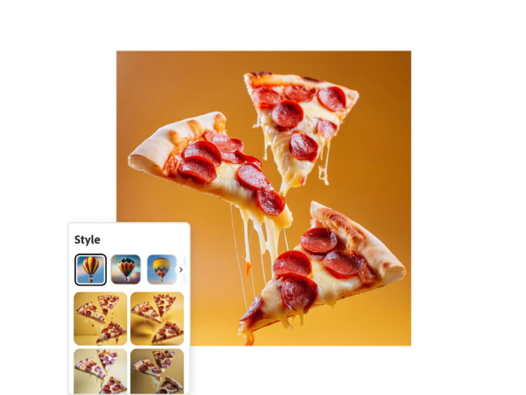 AI generated image of three pizza slices along with various image style options